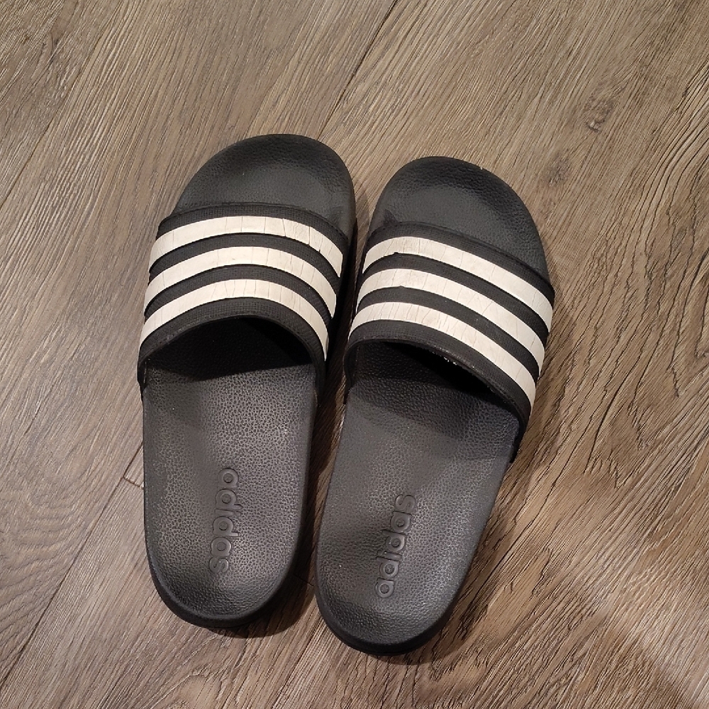 Adidas Black and White Striped Slides